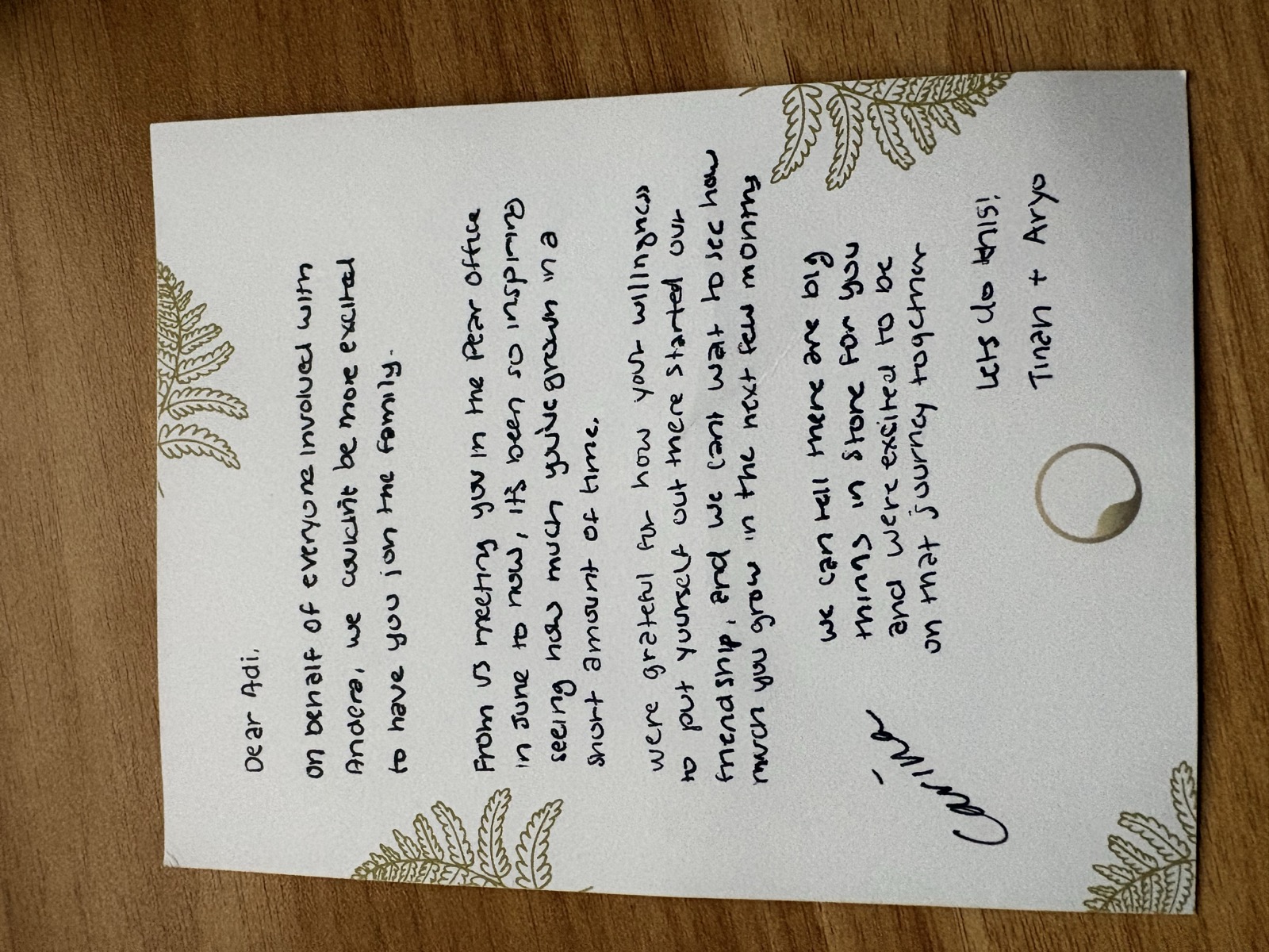 handwritten welcome note from tinah and aryo
